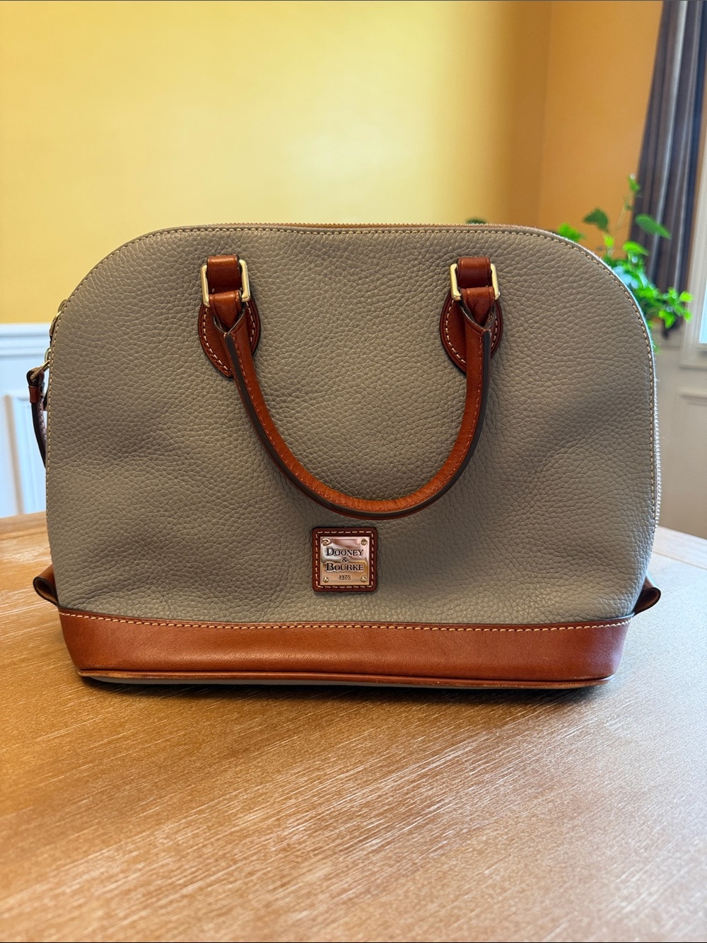Dooney & Bourke Grey Pebbled Leather Satchel with Brown Trim
